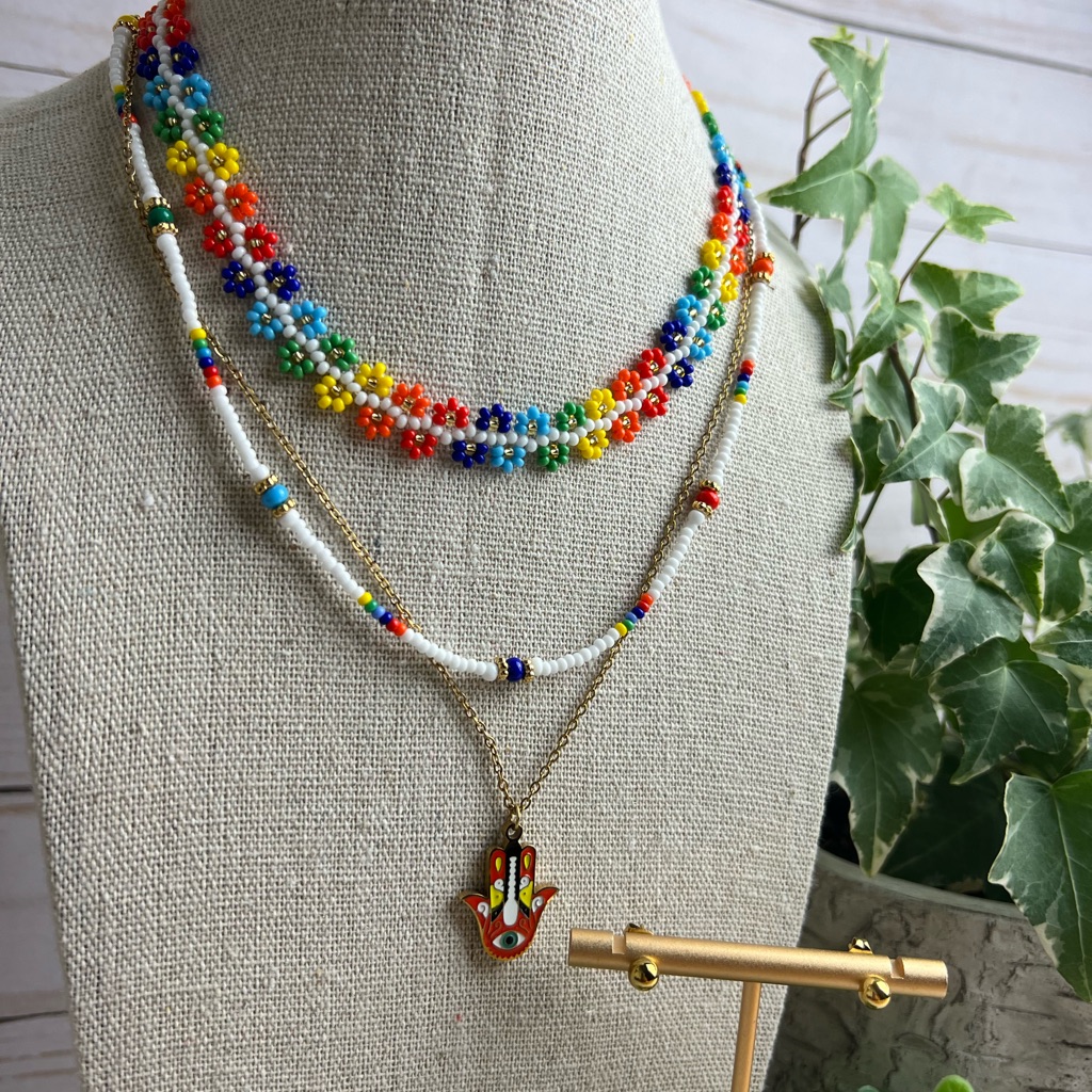 Layered Colorful Hamsa Hand And Evil Eye Necklace Set - Multi-Chain Necklace